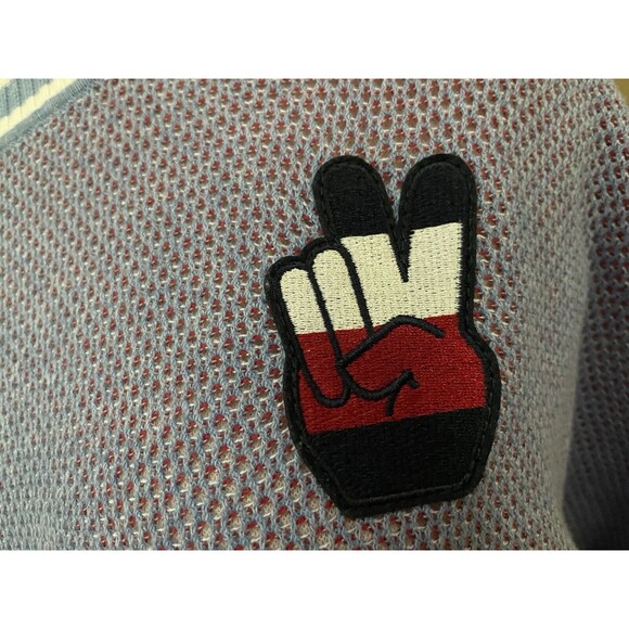 Tommy Jeans Brand Mesh-Stitch Sweater Purple W/Red Under Tones Big Peace Logo - Picture 3 of 6